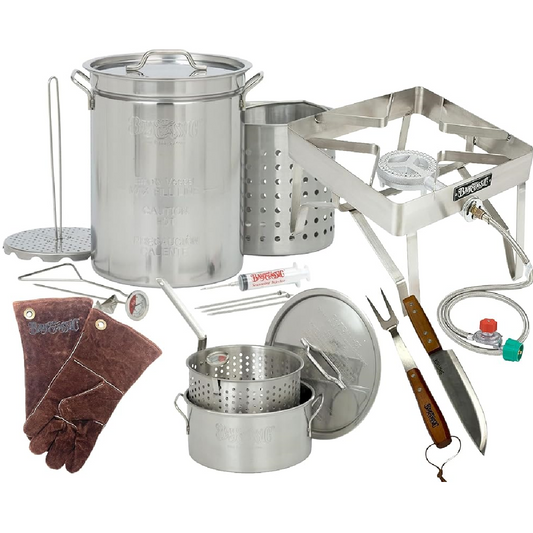 1195 Super Plus - The Fryer King  — 32-Qt Stainless Turkey Fryer Kit + Stainless Patio Stove & 10-Qt Fry Pot