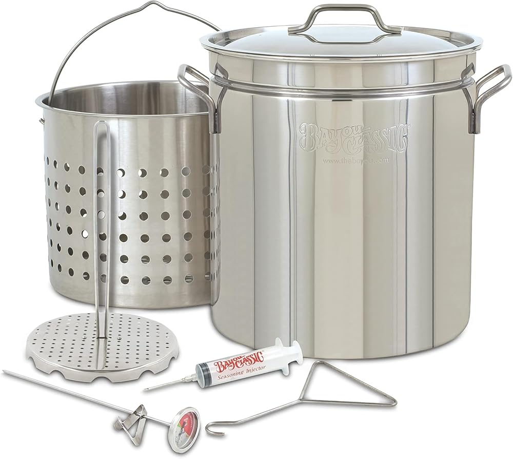1198/SP10 - Bayou® Classic — 44-Qt Stainless Steel Turkey Fryer Kit (Steel Frame Burner w/ Windscreen)