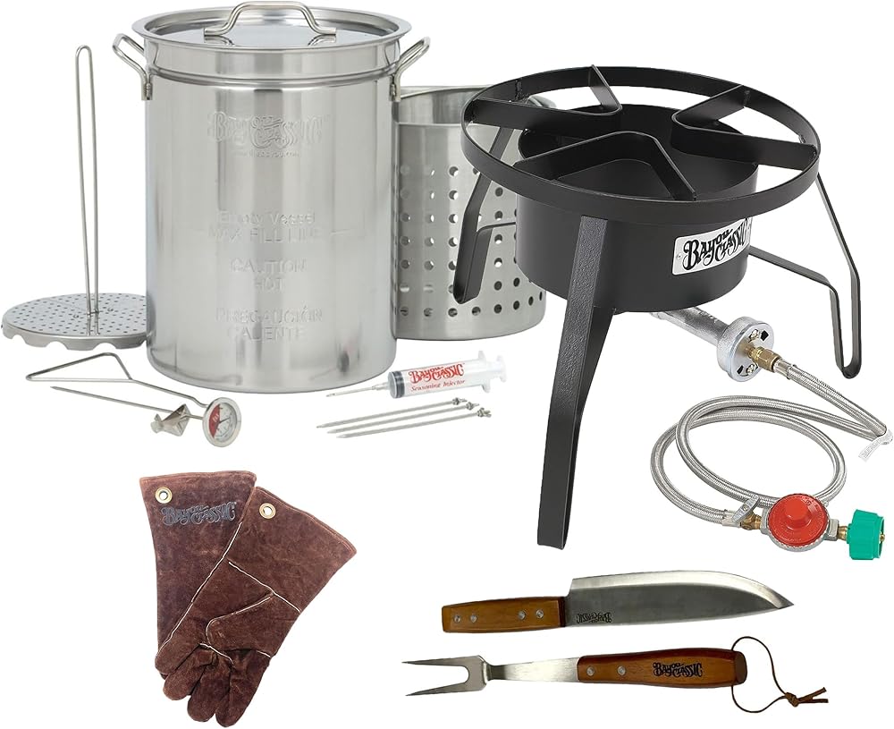 8195 Plus - 32QT Bayou Stainless Turkey Fryer Kit w/ Burner & Gloves