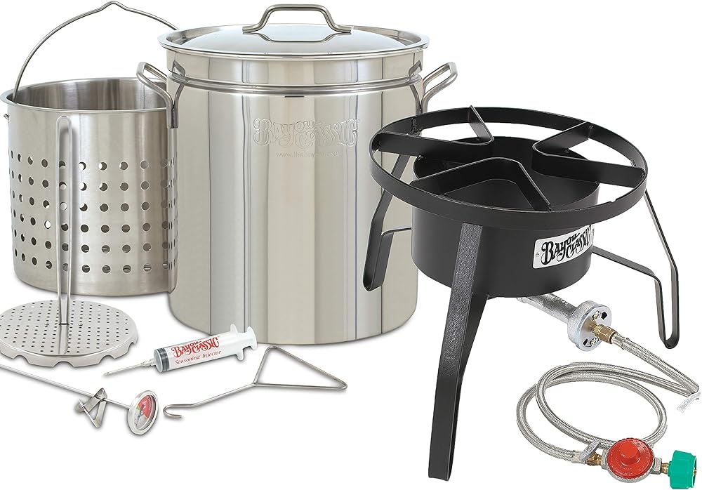 1198/SP10 - Bayou® Classic — 44-Qt Stainless Steel Turkey Fryer Kit (Steel Frame Burner w/ Windscreen)