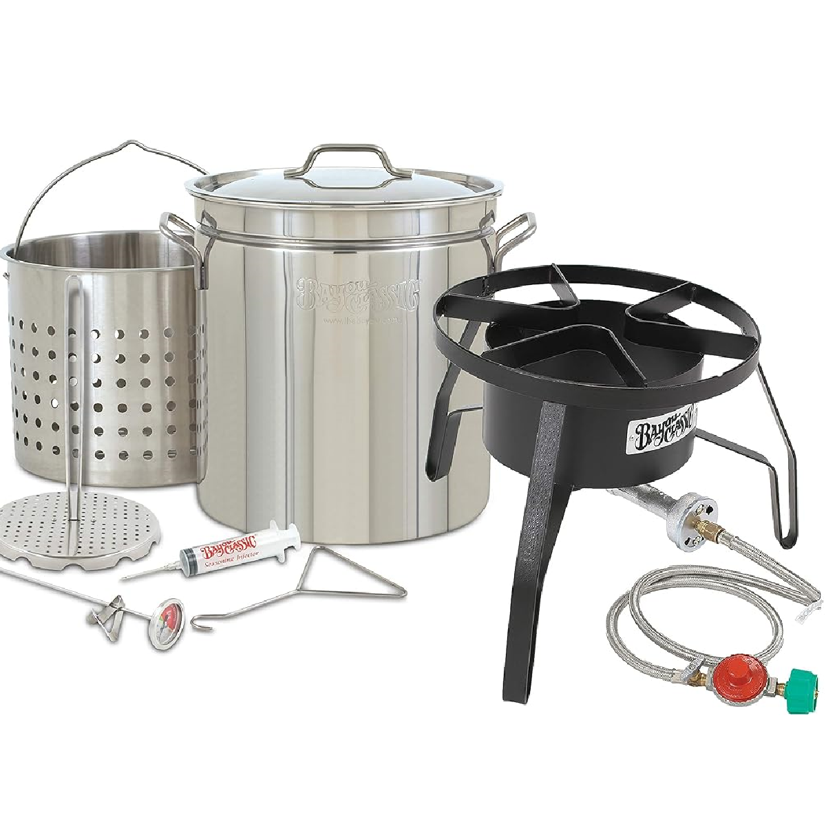 1198/SP10 - Bayou® Classic — 44-Qt Stainless Steel Turkey Fryer Kit (Steel Frame Burner w/ Windscreen)