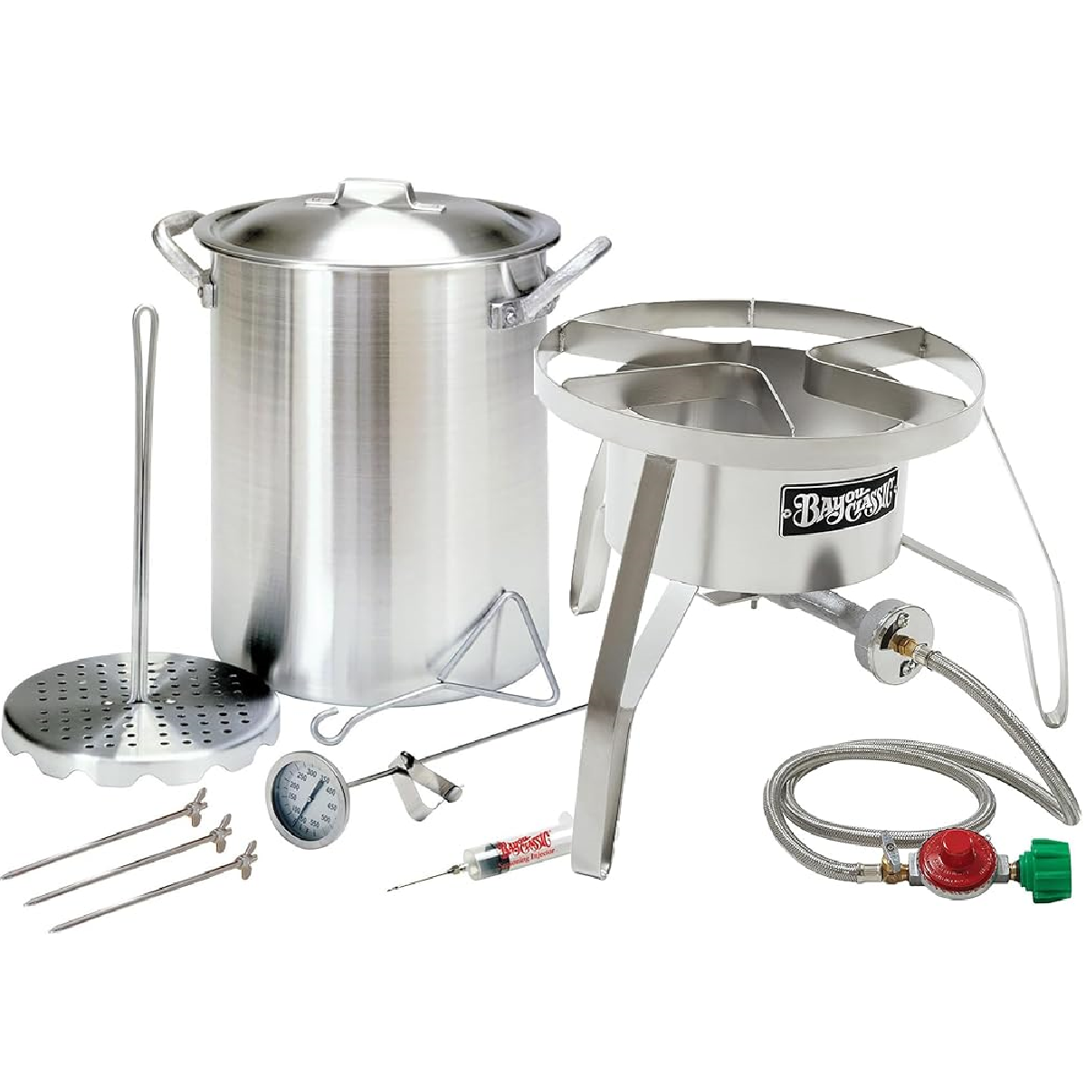 3025/SS10 - Bayou® Classic — 30-Qt Aluminum Turkey Fryer Pot + 14" Stainless Round Cooker (59K BTU, 360° Windscreen)
