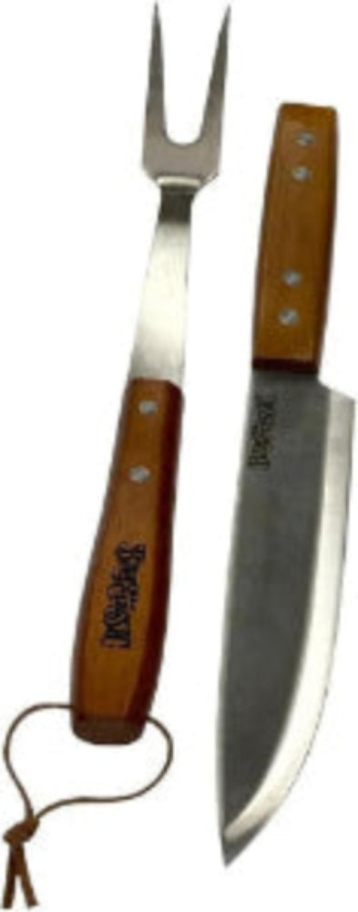 Stainless steel carving fork and slicing knife with hardwood handles