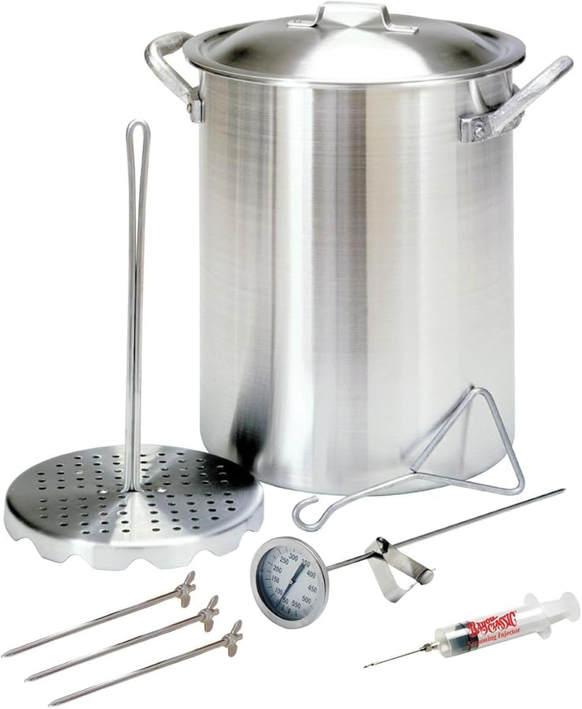 3025/SS10 - Bayou® Classic — 30-Qt Aluminum Turkey Fryer Pot + 14" Stainless Round Cooker (59K BTU, 360° Windscreen)
