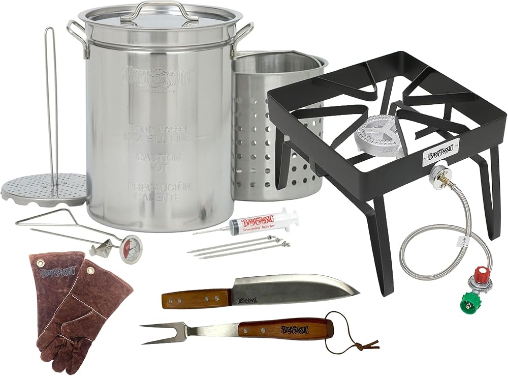 9195 Plus - 32QT Bayou Stainless Turkey Fryer Kit w/ Patio Stove & Gloves