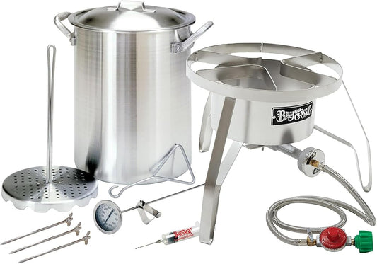3025/SS10 - Bayou® Classic — 30-Qt Aluminum Turkey Fryer Pot + 14" Stainless Round Cooker (59K BTU, 360° Windscreen)