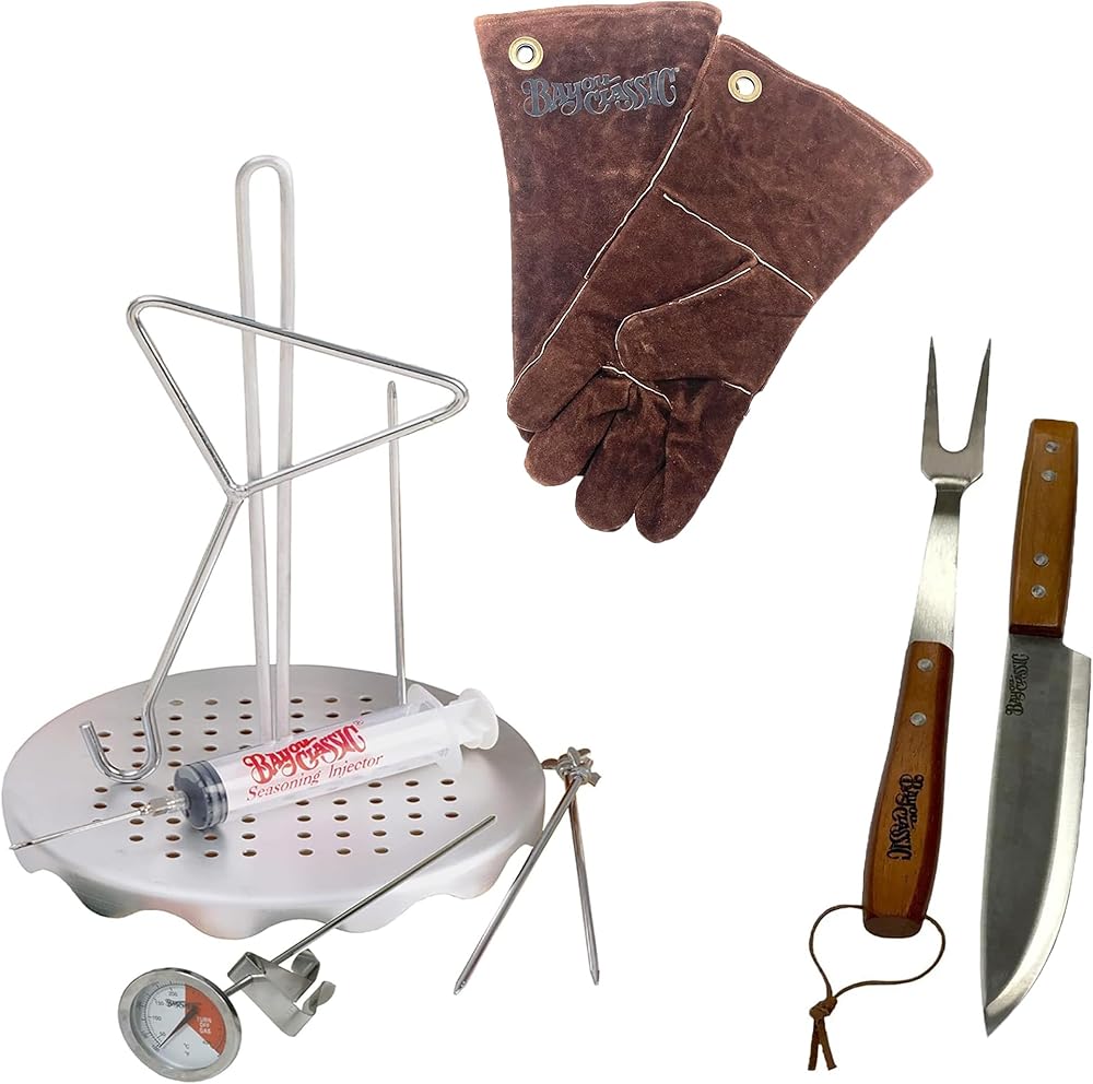 Complete turkey fryer accessory kit with rack, injector, thermometer, fork, knife, gloves and skewers
