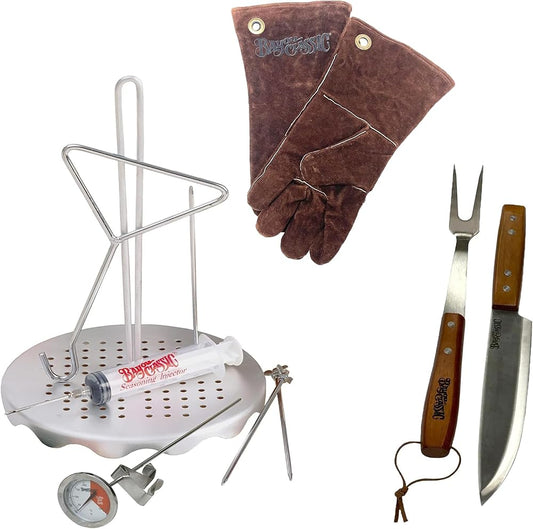 Complete turkey fryer accessory kit with rack, injector, thermometer, fork, knife, gloves and skewers