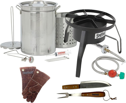 8195 Plus - 32QT Bayou Stainless Turkey Fryer Kit w/ Burner & Gloves