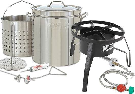 1198/SP10 - Bayou® Classic — 44-Qt Stainless Steel Turkey Fryer Kit (Steel Frame Burner w/ Windscreen)