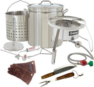 1198-SS10-Plus - 44QT Bayou  Stainless Turkey Fryer Kit w/ SS Burner & Gloves