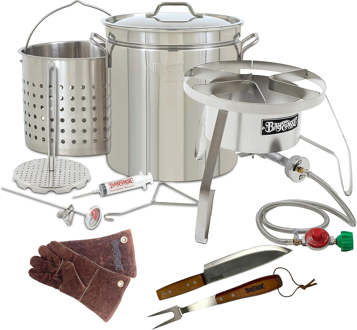1198-SS10-Plus - 44QT Bayou Stainless Turkey Fryer Kit w/ SS Burner & Gloves