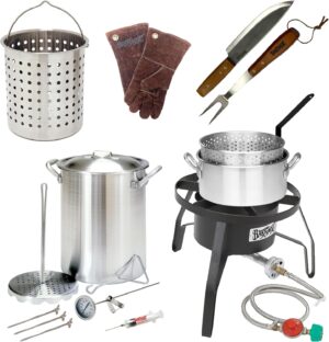 3016 Plus - 30QT The Bantum Rooster Aluminum Turkey Fryer Super Kit w/ Burner & Fish Fry Pot