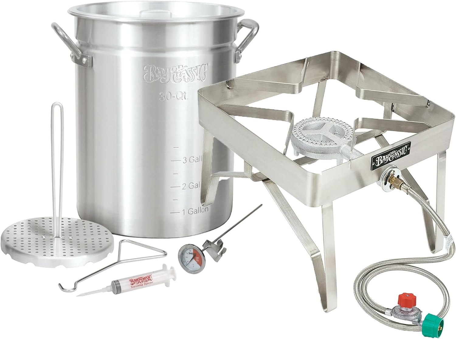 3025/1114 - Bayou® Classic — 30-Qt Aluminum Turkey Fryer + 16" × 16" Stainless Patio Stove (41K BTU)