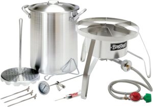 3025/SS10 - Bayou® Classic — 30-Qt Aluminum Turkey Fryer Pot + 14" Stainless Round Cooker (59K BTU, 360° Windscreen)