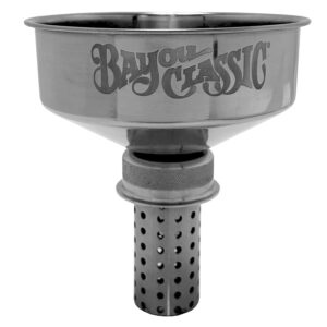 Bayou Classic Fryer Oil Funnel, 304 Stainless Steel, Built-in Filter, 6-Inch Wide Mouth, Fits Jerry Can