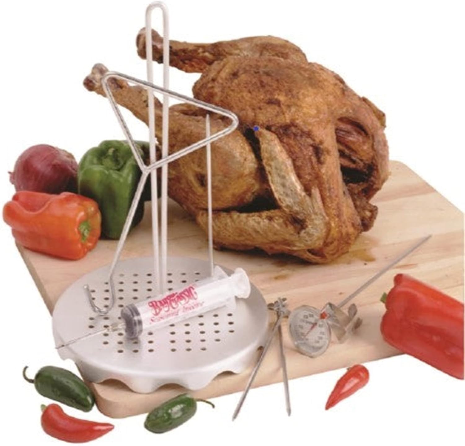 0835 Complete Poultry Rack Set Includes Perforated Aluminum Rack Lift Hook 2-oz Seasoning Injector 12-in Fry Thermometer and 3 Detachable Skewers - Image 2