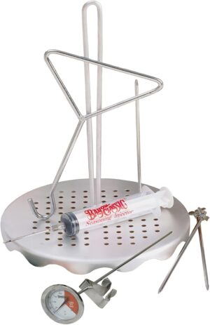 0835 Complete Poultry Rack Set Includes Perforated Aluminum Rack Lift Hook 2-oz Seasoning Injector 12-in Fry Thermometer and 3 Detachable Skewers