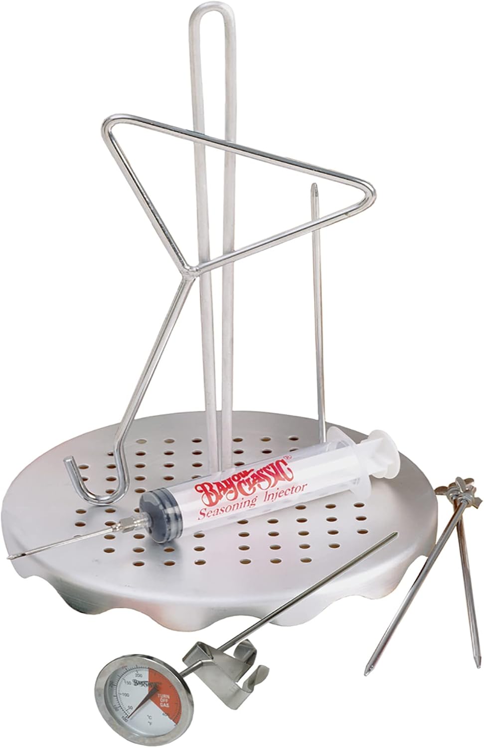 0835 Complete Poultry Rack Set Includes Perforated Aluminum Rack Lift Hook 2-oz Seasoning Injector 12-in Fry Thermometer and 3 Detachable Skewers