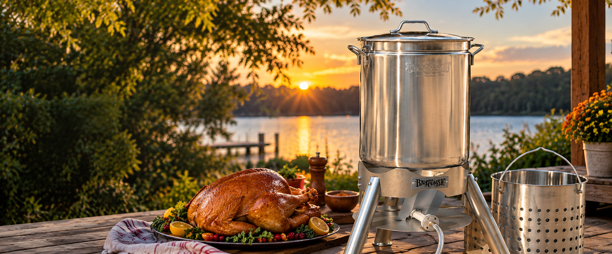 Turkey fryer and cooked turkey at an outdoor lakeside cookout